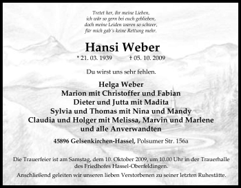 Traueranzeige von Hansi Weber von Tageszeitung