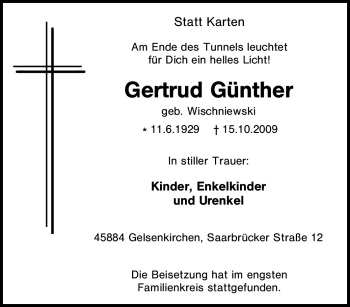 Traueranzeige von Gertrud Günther von Tageszeitung