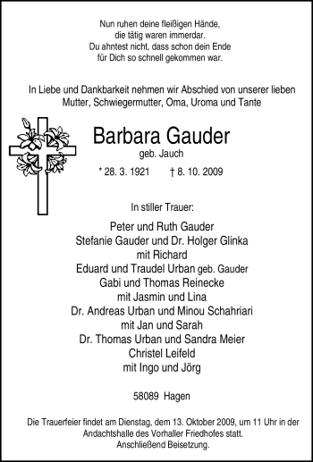 Traueranzeige von Barbara Gauder von Tageszeitung