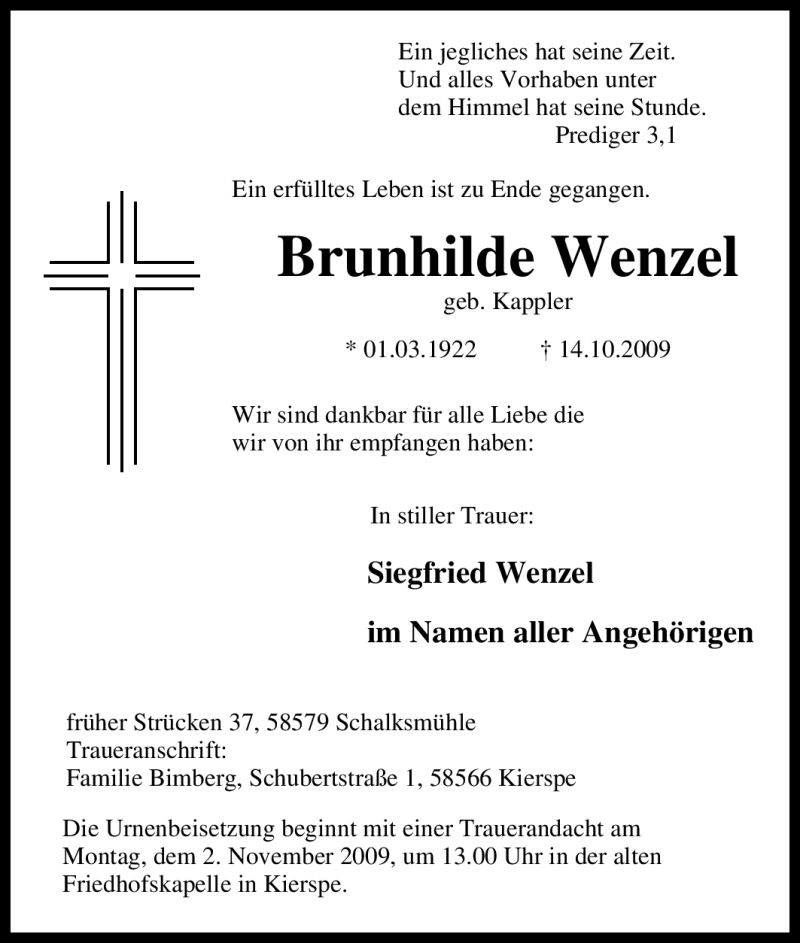  Traueranzeige für Brunhilde Wenzel vom 27.10.2009 aus Tageszeitung