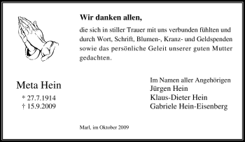 Traueranzeige von Meta Hein von Tageszeitung