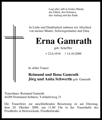 Traueranzeige von Erna Gamrath von Tageszeitung