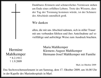 Traueranzeige von Hermine Mahlkemper von Tageszeitung