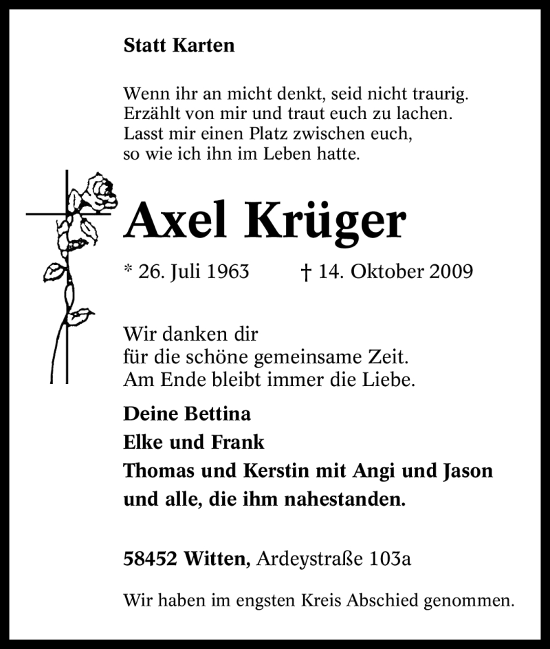  Traueranzeige für Axel Krüger vom 26.10.2009 aus Tageszeitung