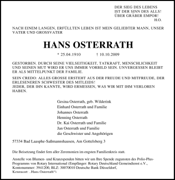 Traueranzeige von Hans Osterrath von Tageszeitung