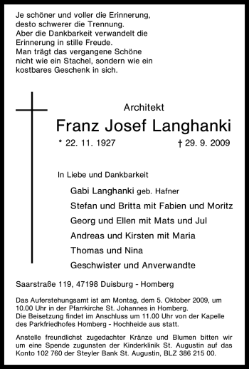 Traueranzeige von Franz Josef Langhanki von Tageszeitung