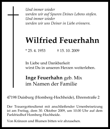 Traueranzeige von Wilfried Feuerhahn von Tageszeitung