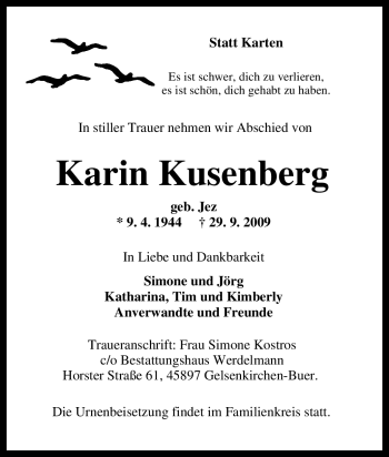Traueranzeige von Karin Kusenberg von Tageszeitung