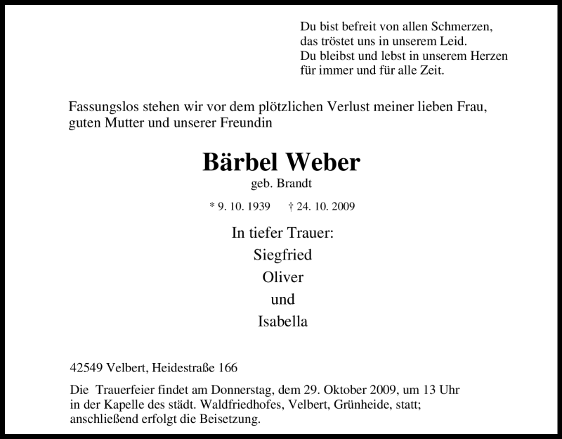  Traueranzeige für Bärbel Weber vom 27.10.2009 aus Tageszeitung