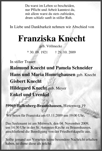 Traueranzeige von Franziska Knecht von Tageszeitung