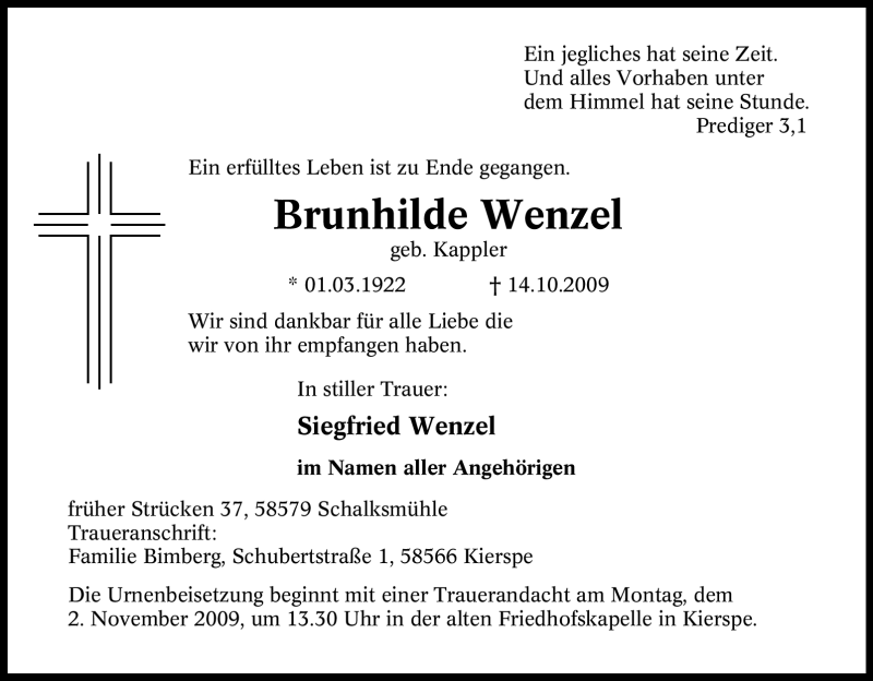  Traueranzeige für Brunhilde Wenzel vom 27.10.2009 aus Tageszeitung