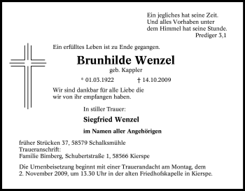 Traueranzeige von Brunhilde Wenzel von Tageszeitung
