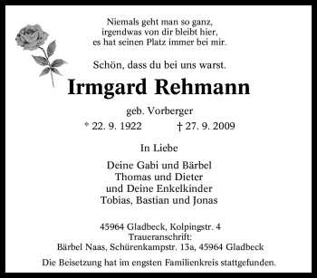Traueranzeige von Irmgard Rehmann von Tageszeitung