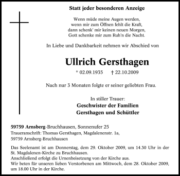 Traueranzeige von Ullrich Gersthagen von Tageszeitung
