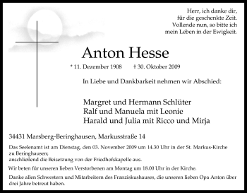 Traueranzeige von Anton Hesse von Tageszeitung