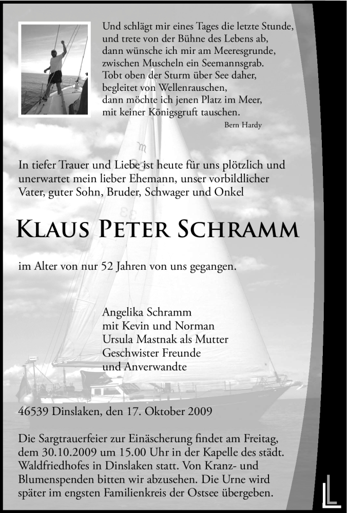  Traueranzeige für Klaus Peter Schramm vom 26.10.2009 aus Tageszeitung