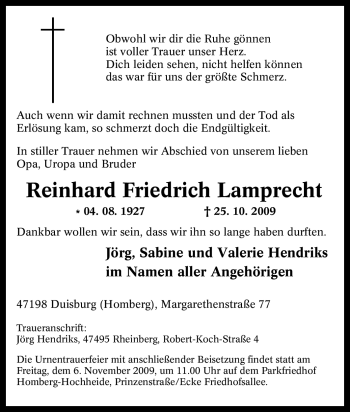 Traueranzeige von Reinhard Friedrich Lamprecht von Tageszeitung