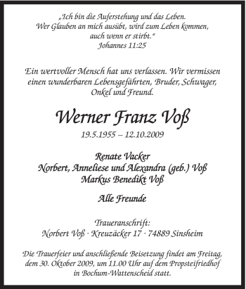 Traueranzeige von Werner Franz Voß von Tageszeitung