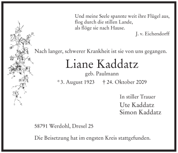 Traueranzeige von Liane Kaddatz von Tageszeitung