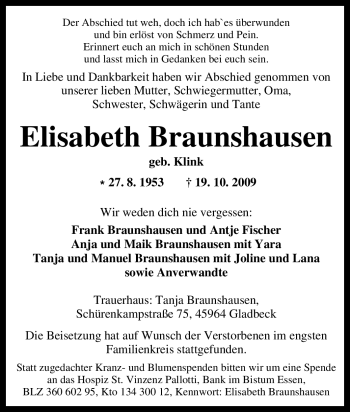 Traueranzeige von Elisabeth Braunshausen von Tageszeitung