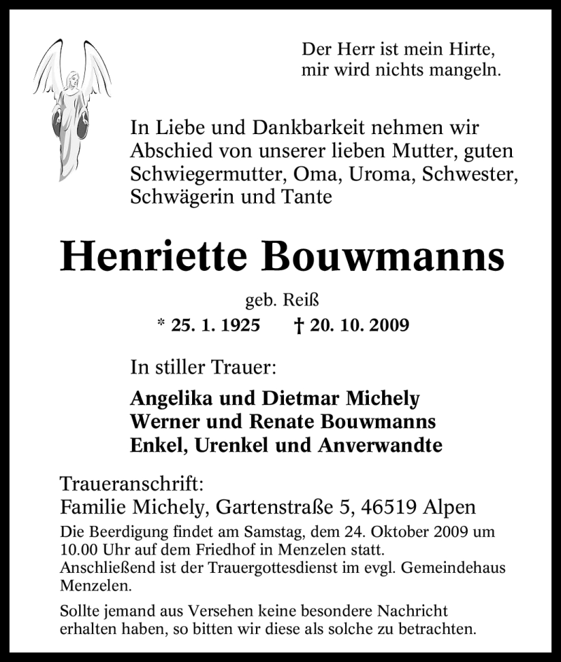  Traueranzeige für Henriette Bouwmanns vom 22.10.2009 aus Tageszeitung