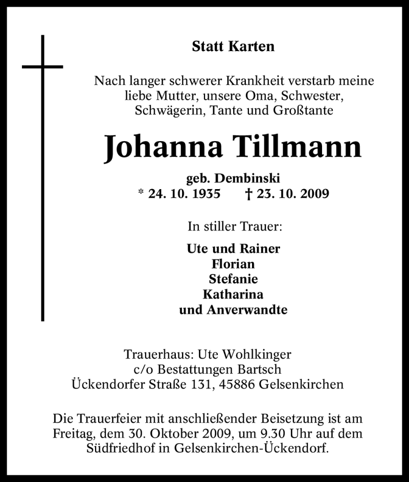  Traueranzeige für Johanna Tillmann vom 28.10.2009 aus Tageszeitung