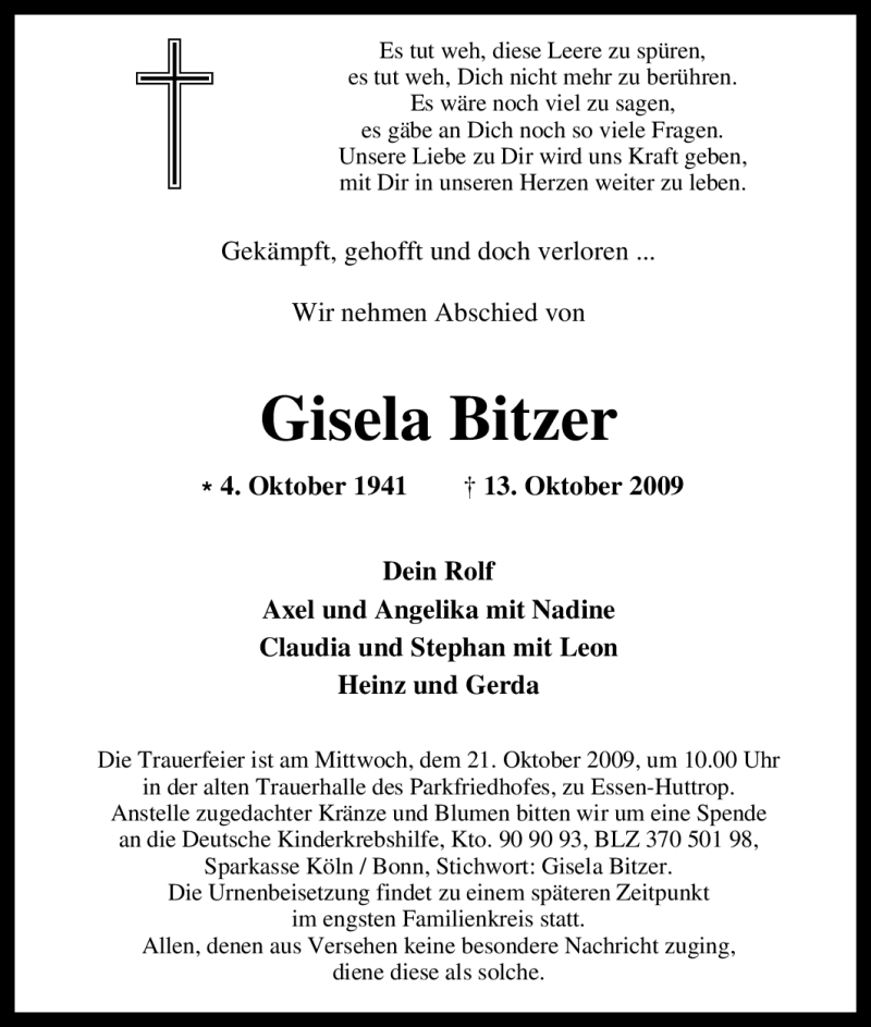  Traueranzeige für Gisela Bitzer vom 17.10.2009 aus Tageszeitung