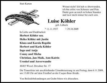 Traueranzeige von Luise Köhler von Tageszeitung