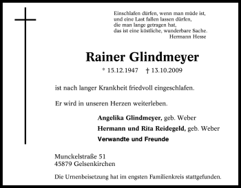 Traueranzeige von Rainer Glindmeyer von Tageszeitung