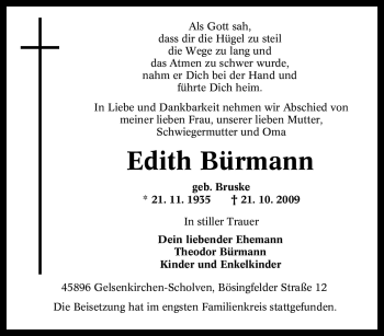 Traueranzeige von Edith Bürmann von Tageszeitung
