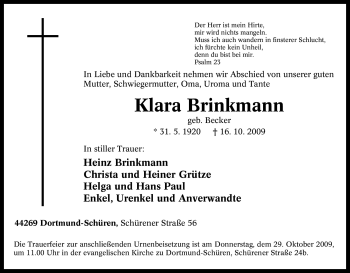 Traueranzeige von Klara Brinkmann von Tageszeitung