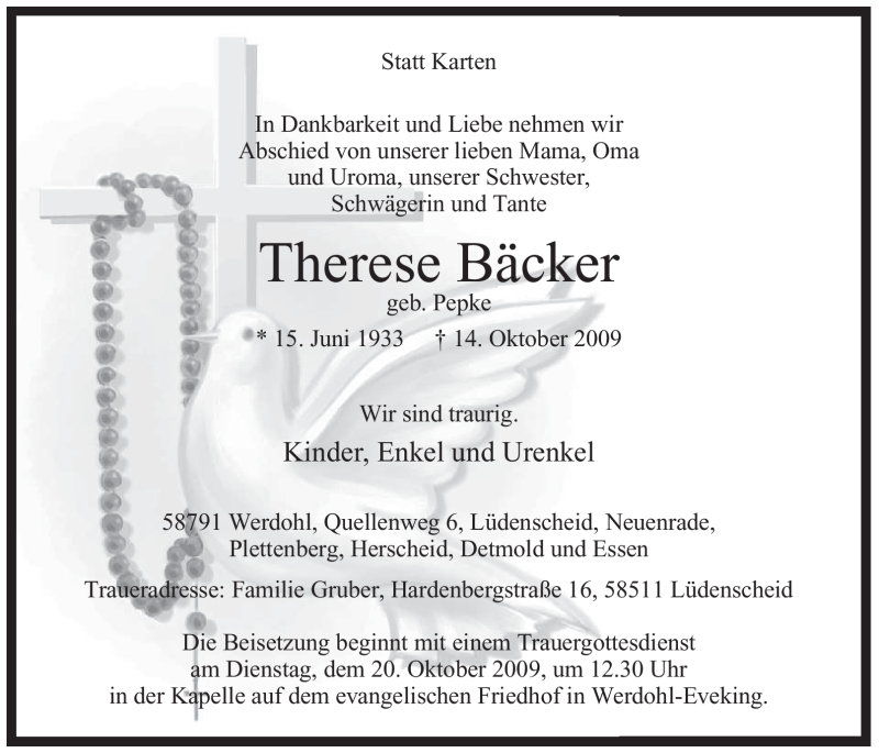  Traueranzeige für Therese Bäcker vom 16.10.2009 aus Tageszeitung