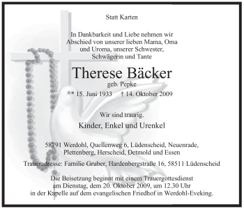 Traueranzeige von Therese Bäcker von Tageszeitung