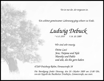 Traueranzeige von Ludwig Debuck von Tageszeitung