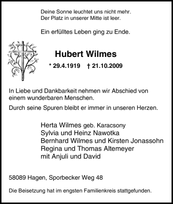 Traueranzeige von Hubert Wilmes von Tageszeitung
