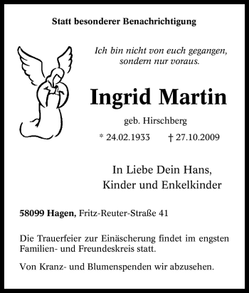 Traueranzeige von Ingrid Martin von Tageszeitung