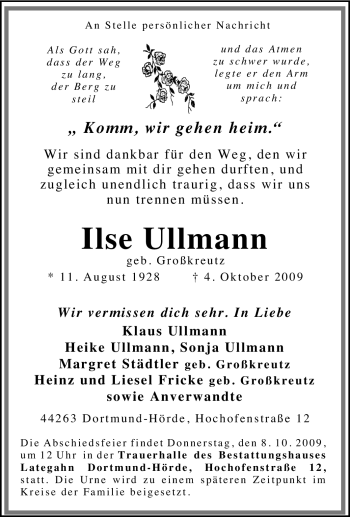 Traueranzeige von Ilse Ullmann von Tageszeitung
