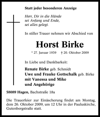 Traueranzeige von Horst Birke von Tageszeitung