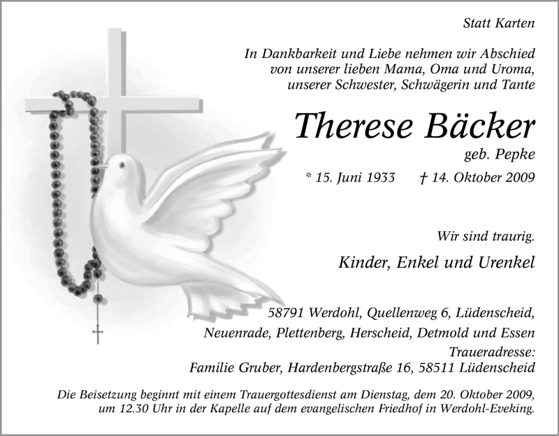  Traueranzeige für Therese Bäcker vom 16.10.2009 aus Tageszeitung