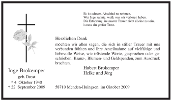 Traueranzeige von Inge Brokemper von Tageszeitung