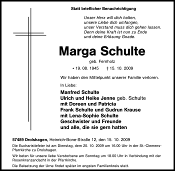 Traueranzeige von Marga Schulte von Tageszeitung