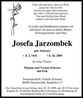 Traueranzeige von Josefa Jarzombek von Tageszeitung