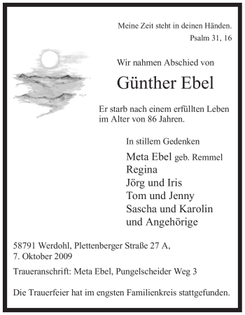Traueranzeige von Günther Ebel von Tageszeitung