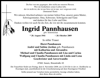 Traueranzeige von Ingrid Pannhausen von Tageszeitung