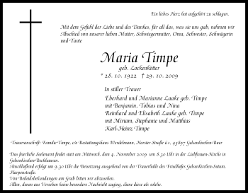 Traueranzeige von Maria Timpe von Tageszeitung