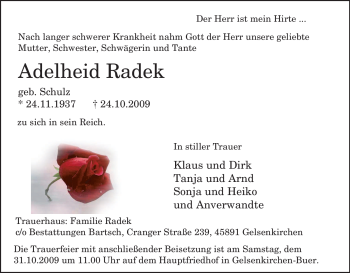 Traueranzeige von Adelheid Radek von Tageszeitung