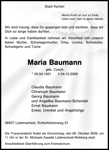 Traueranzeige von Maria Baumann von Tageszeitung