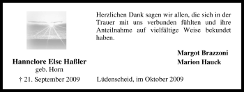 Traueranzeige von Hannelore Else Haßler von Tageszeitung