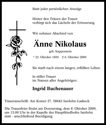 Traueranzeige von Änne Nikolaus von Tageszeitung