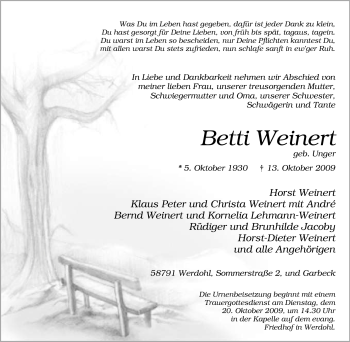 Traueranzeige von Betti Weinert von Tageszeitung
